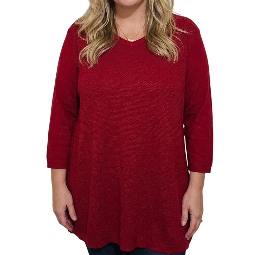 J. JILL Cotton Blend 3/4 Sleeve V-Neck Tunic Sweater XL Red Office Holiday